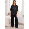 image:imagePrinStory Pajamas for Women Soft Pjs Lounge Set S4XL  Short Sleeve Tops and Long Pants 2 Piece Stretchy Pjs Set with Pockets for Sleep Home Travel Vacation Maternity NursingFpblack White Cat