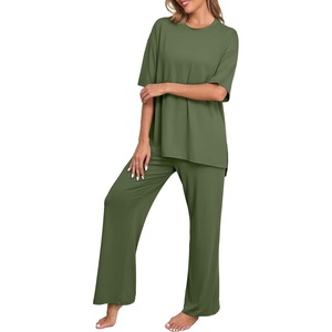 image:imagePrinStory Pajamas for Women Soft Pjs Lounge Set S4XL  Short Sleeve Tops and Long Pants 2 Piece Stretchy Pjs Set with Pockets for Sleep Home Travel Vacation Maternity NursingArmy Green