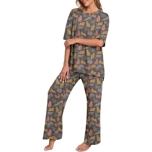 image:imagePrinStory Pajamas for Women Soft Pjs Lounge Set S4XL  Short Sleeve Tops and Long Pants 2 Piece Stretchy Pjs Set with Pockets for Sleep Home Travel Vacation Maternity NursingFpcoffee Colorful Cat