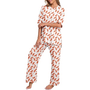 image:imagePrinStory Pajamas for Women Soft Pjs Lounge Set S4XL  Short Sleeve Tops and Long Pants 2 Piece Stretchy Pjs Set with Pockets for Sleep Home Travel Vacation Maternity NursingFpwh Orange Feather