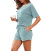 image:imagePrinStory Pajamas Set for Women Waffle Knit Lounge Set S2XL  Short Sleeve Top and Shorts with Pockets Breathable and Stretchy Waffle Fabric Lounging Running Workout or TravelingBlue Green