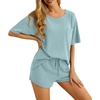 image:imagePrinStory Pajamas Set for Women Waffle Knit Lounge Set S2XL  Short Sleeve Top and Shorts with Pockets Breathable and Stretchy Waffle Fabric Lounging Running Workout or TravelingBlue Green