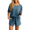 image:imagePrinStory Pajamas Set for Women Waffle Knit Lounge Set S2XL  Short Sleeve Top and Shorts with Pockets Breathable and Stretchy Waffle Fabric Lounging Running Workout or TravelingGray Blue