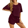 image:imagePrinStory Pajamas Set for Women Waffle Knit Lounge Set S2XL  Short Sleeve Top and Shorts with Pockets Breathable and Stretchy Waffle Fabric Lounging Running Workout or TravelingWine Red
