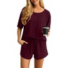 image:imagePrinStory Pajamas Set for Women Waffle Knit Lounge Set S2XL  Short Sleeve Top and Shorts with Pockets Breathable and Stretchy Waffle Fabric Lounging Running Workout or TravelingWine Red
