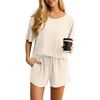 image:imagePrinStory Pajamas Set for Women Waffle Knit Lounge Set S2XL  Short Sleeve Top and Shorts with Pockets Breathable and Stretchy Waffle Fabric Lounging Running Workout or TravelingOatmeal