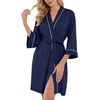 image:imagePrinStory Womens Robe Knee Length Soft Knit Bathrobe S2XL  VNeck 34 Sleeve Robes with Pockets Lightweight Breathable Bath Robe for Shower Spa Travel Home Party NursingNavy Blue