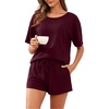 image:imagePrinStory Pajamas Set for Women Waffle Knit Lounge Set S2XL  Short Sleeve Top and Shorts with Pockets Breathable and Stretchy Waffle Fabric Lounging Running Workout or TravelingWine Red