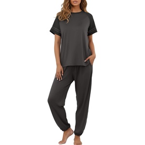 image:imagePrinStory Womens Pajama Sets Raglan Short Sleeve Pjs 2 Piece Lounge Set  Soft Pj Sets with Pockets Lightweight SleepwearCrew Neck Loungewear with Binding Elastic Ankle Cuffs Pj PantsDark Gray