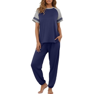 image:imagePrinStory Womens Pajama Sets Raglan Short Sleeve Pjs 2 Piece Lounge Set  Soft Pj Sets with Pockets Lightweight SleepwearCrew Neck Loungewear with Binding Elastic Ankle Cuffs Pj PantsNavy Blue