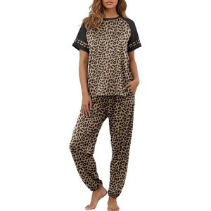 image:imagePrinStory Womens Pajama Sets Raglan Short Sleeve Pjs 2 Piece Lounge Set  Soft Pj Sets with Pockets Lightweight SleepwearCrew Neck Loungewear with Binding Elastic Ankle Cuffs Pj PantsFpld Khaki