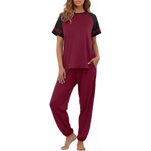 image:imagePrinStory Womens Pajama Sets Raglan Short Sleeve Pjs 2 Piece Lounge Set  Soft Pj Sets with Pockets Lightweight SleepwearCrew Neck Loungewear with Binding Elastic Ankle Cuffs Pj PantsWine Red
