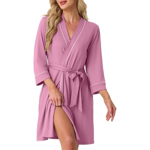 image:imagePrinStory Womens Robe Knee Length Soft Knit Bathrobe S2XL  VNeck 34 Sleeve Robes with Pockets Lightweight Breathable Bath Robe for Shower Spa Travel Home Party NursingPurple Red