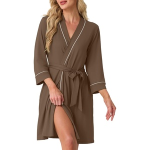 image:imagePrinStory Womens Robe Knee Length Soft Knit Bathrobe S2XL  VNeck 34 Sleeve Robes with Pockets Lightweight Breathable Bath Robe for Shower Spa Travel Home Party NursingBrown
