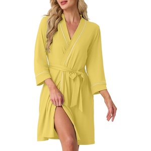 image:imagePrinStory Womens Robe Knee Length Soft Knit Bathrobe S2XL  VNeck 34 Sleeve Robes with Pockets Lightweight Breathable Bath Robe for Shower Spa Travel Home Party NursingButter Yellow