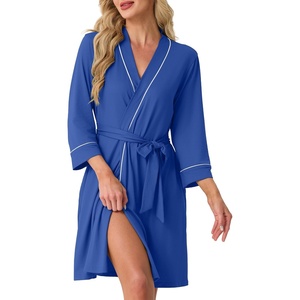 image:imagePrinStory Womens Robe Knee Length Soft Knit Bathrobe S2XL  VNeck 34 Sleeve Robes with Pockets Lightweight Breathable Bath Robe for Shower Spa Travel Home Party NursingRoyal Blue