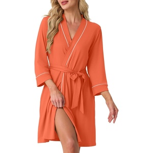 image:imagePrinStory Womens Robe Knee Length Soft Knit Bathrobe S2XL  VNeck 34 Sleeve Robes with Pockets Lightweight Breathable Bath Robe for Shower Spa Travel Home Party NursingOrange