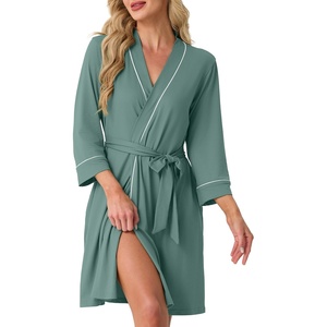 image:imagePrinStory Womens Robe Knee Length Soft Knit Bathrobe S2XL  VNeck 34 Sleeve Robes with Pockets Lightweight Breathable Bath Robe for Shower Spa Travel Home Party NursingHaze Blue