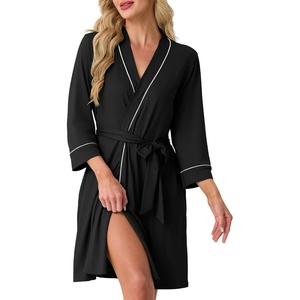 image:imagePrinStory Womens Robe Knee Length Soft Knit Bathrobe S2XL  VNeck 34 Sleeve Robes with Pockets Lightweight Breathable Bath Robe for Shower Spa Travel Home Party NursingBlack