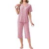 image:imagePrinStory Capri Pajamas for Womens Button Down Pjs  Short Sleeve Comfy Lounge Set 2 Piece Pj Sets with Pockets Soft Womens SleepwearFppink White Flower