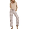 image:imagePrinStory Pajamas for Women Set Soft Pjs 2 Piece Pajama Sets XS4XL  Pj Set Short Sleeve Top and Pant with Pockets Lounge SetBreathable and Stretchy FabricSoft SleepwearKhaki Stripe