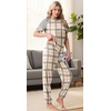 image:imagePrinStory Womens Pajama Sets Raglan Short Sleeve Pjs 2 Piece Lounge Set  Soft Pj Sets with Pockets Lightweight SleepwearCrew Neck Loungewear with Binding Elastic Ankle Cuffs Pj PantsFpgray Brown Plaid