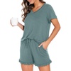 image:imagePrinStory Womens Pajama Sets Soft Pjs Set Lounge Set with Pockets S2XL  Short Sleeve Top and Shorts Set Breathable and Stretchy Fabric Ruffle ShortsSummer SleepwearHaze Blue