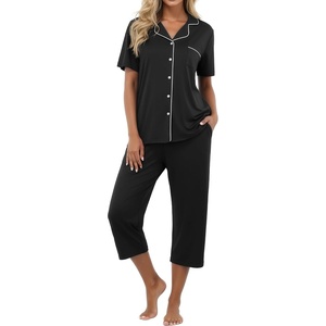 image:imagePrinStory Capri Pajamas for Womens Button Down Pjs  Short Sleeve Comfy Lounge Set 2 Piece Pj Sets with Pockets Soft Womens SleepwearBlack