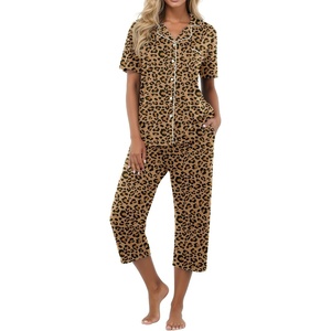 image:imagePrinStory Capri Pajamas for Womens Button Down Pjs  Short Sleeve Comfy Lounge Set 2 Piece Pj Sets with Pockets Soft Womens SleepwearFpapricot Ld Print