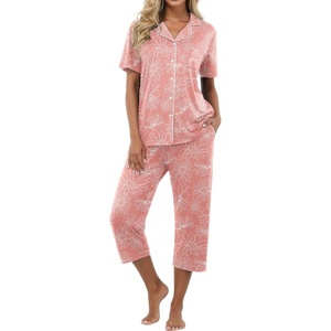 image:imagePrinStory Capri Pajamas for Womens Button Down Pjs  Short Sleeve Comfy Lounge Set 2 Piece Pj Sets with Pockets Soft Womens SleepwearFppink Sunflower
