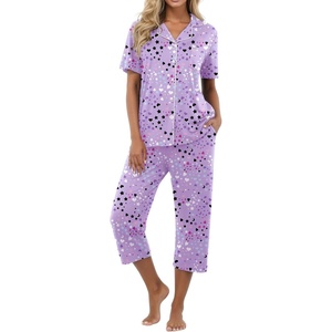 image:imagePrinStory Capri Pajamas for Womens Button Down Pjs  Short Sleeve Comfy Lounge Set 2 Piece Pj Sets with Pockets Soft Womens SleepwearFppurple Color Heart