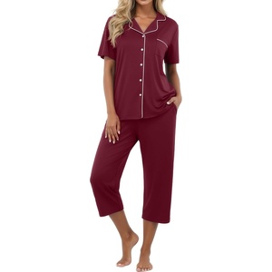 image:imagePrinStory Capri Pajamas for Womens Button Down Pjs  Short Sleeve Comfy Lounge Set 2 Piece Pj Sets with Pockets Soft Womens SleepwearWine Red