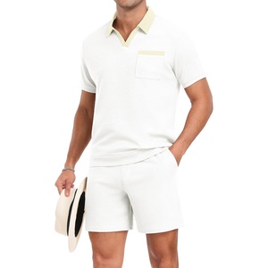 image:imagePrinStory Mens 2 Piece Polo Shirt and Shorts Set Waffle Suits S2XL  Summer Casual Outfits with Pockets Track Suits for Vacation Beach Travel StreetwearWhite