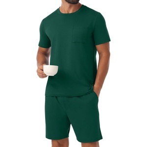 image:imagePrinStory Mens Pajamas Set Summer Short Sleeve Pjs Set S3XL  Summer Shorts Set with Pockets Lightweight Comfy Breathable Sleepwear for Sleep Home Workout Vacation HolidayDark Green
