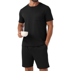 image:imagePrinStory Mens Pajamas Set Summer Short Sleeve Pjs Set S3XL  Summer Shorts Set with Pockets Lightweight Comfy Breathable Sleepwear for Sleep Home Workout Vacation HolidayDark Black