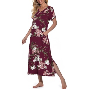 image:imagePrinStory Nightgowns for Women Long Nightshirt Short Sleeve House Dress  Full Length Night GownBreathable and Stretchy FabricLadies Sleep DressSoft SleepwearA08 Fpwine Red