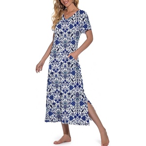 image:imagePrinStory Nightgowns for Women Long Nightshirt Short Sleeve House Dress  Full Length Night GownBreathable and Stretchy FabricLadies Sleep DressSoft SleepwearFpblue Cyan Porcelain