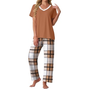 image:imagePrinStory Pajamas for Women Set Soft Pjs 2 Piece Pajama Sets XS4XL  Pj Set Short Sleeve Top and Pant with Pockets Lounge SetBreathable and Stretchy FabricSoft SleepwearBrown White Plaid