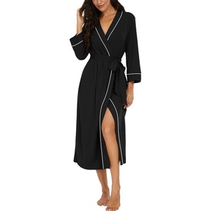 image:imagePrinStory Robes for Women 34 Sleeve Long Bath Robe XS4XL  VNeck Knit Bathrobe with Pockets Lightweight Soft Breathable Robes for Shower Spa Travel Home Party NursingBlack
