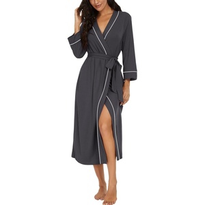 image:imagePrinStory Robes for Women 34 Sleeve Long Bath Robe XS4XL  VNeck Knit Bathrobe with Pockets Lightweight Soft Breathable Robes for Shower Spa Travel Home Party NursingDark Gray