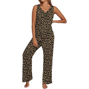 image:imagePrinStory Womens Pajama Sets 2 Piece Comfy Pjs Lounge Set S3XL  Sleeveless Tops and Pants with Pockets Pajamas Lightweight Summer Pj Soft SleepwearBreathable and Stretchy FabricLeopard Khaki