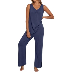 image:imagePrinStory Womens Pajama Sets 2 Piece Comfy Pjs Lounge Set S3XL  Sleeveless Tops and Pants with Pockets Pajamas Lightweight Summer Pj Soft SleepwearBreathable and Stretchy FabricNavy Blue