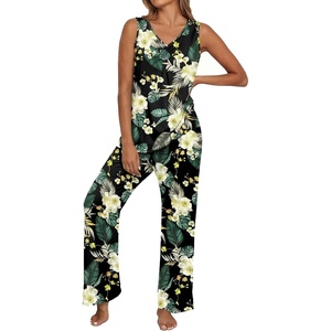 image:imagePrinStory Womens Pajama Sets 2 Piece Comfy Pjs Lounge Set S3XL  Sleeveless Tops and Pants with Pockets Pajamas Lightweight Summer Pj Soft SleepwearBreathable and Stretchy FabricGreen Leaf Lily