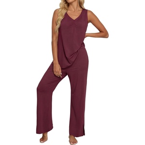 image:imagePrinStory Womens Pajama Sets 2 Piece Comfy Pjs Lounge Set S3XL  Sleeveless Tops and Pants with Pockets Pajamas Lightweight Summer Pj Soft SleepwearBreathable and Stretchy FabricWine Red