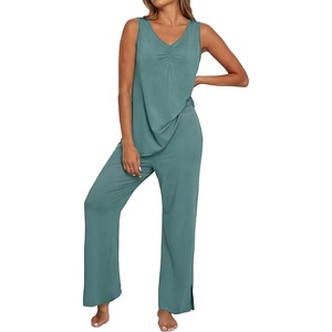 image:imagePrinStory Womens Pajama Sets 2 Piece Comfy Pjs Lounge Set S3XL  Sleeveless Tops and Pants with Pockets Pajamas Lightweight Summer Pj Soft SleepwearBreathable and Stretchy FabricHaze Blue