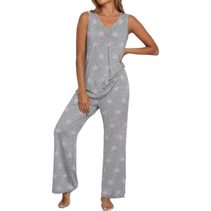 image:imagePrinStory Womens Pajama Sets 2 Piece Comfy Pjs Lounge Set S3XL  Sleeveless Tops and Pants with Pockets Pajamas Lightweight Summer Pj Soft SleepwearBreathable and Stretchy FabricPink Star
