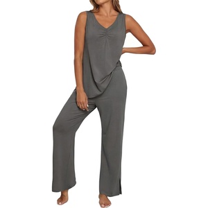 image:imagePrinStory Womens Pajama Sets 2 Piece Comfy Pjs Lounge Set S3XL  Sleeveless Tops and Pants with Pockets Pajamas Lightweight Summer Pj Soft SleepwearBreathable and Stretchy FabricDark Gray