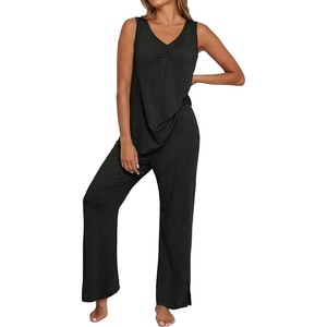 image:imagePrinStory Womens Pajama Sets 2 Piece Comfy Pjs Lounge Set S3XL  Sleeveless Tops and Pants with Pockets Pajamas Lightweight Summer Pj Soft SleepwearBreathable and Stretchy FabricBlack
