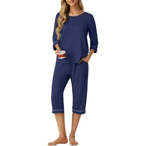 image:imagePrinStory Womens Pajama Sets Capri Pjs Soft Lounge Sets XS4XL  34 Sleeve Top and Capri Pants with Pockets Breathable and Stretchy Fabric 2 Piece Petite Pajamas Soft SleepwearNavy Blue