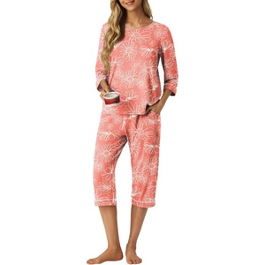 image:imagePrinStory Womens Pajama Sets Capri Pjs Soft Lounge Sets XS4XL  34 Sleeve Top and Capri Pants with Pockets Breathable and Stretchy Fabric 2 Piece Petite Pajamas Soft SleepwearFppink Sunflower